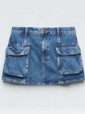 Zara Denim Mini Skirt with Front Cargo Pockets - Light Blue